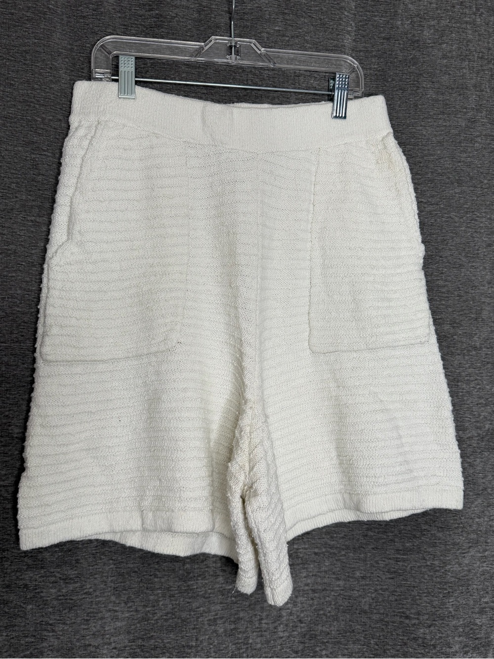 Textured White Knit Bermuda Shorts with Patch Pockets